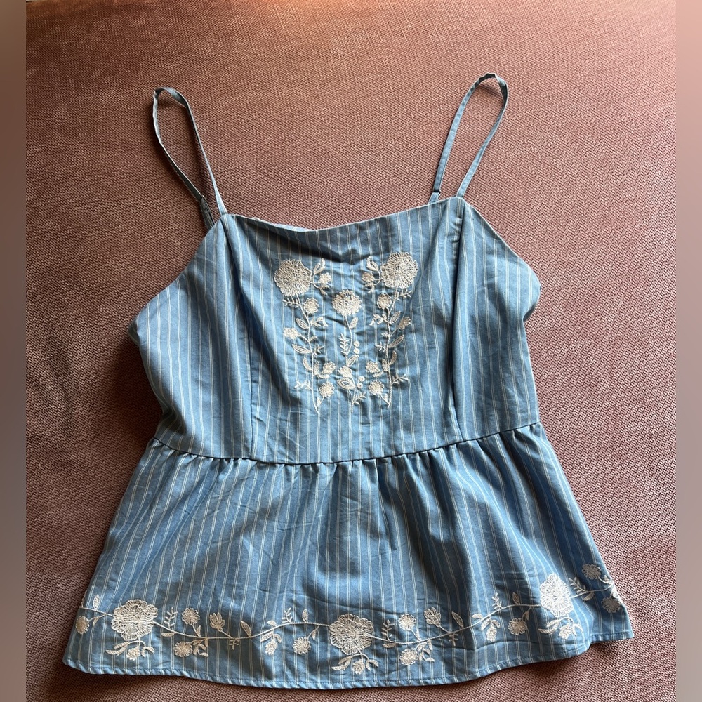 Harper Blue and White Striped Camisole with Floral Embroidery
